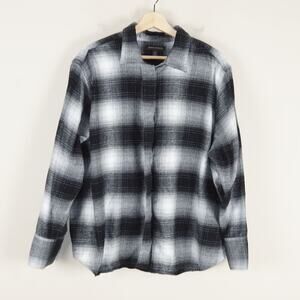 Banana Republic Classic Fit Organic Flannel Black Gray Plaid Shirt Womens XXL